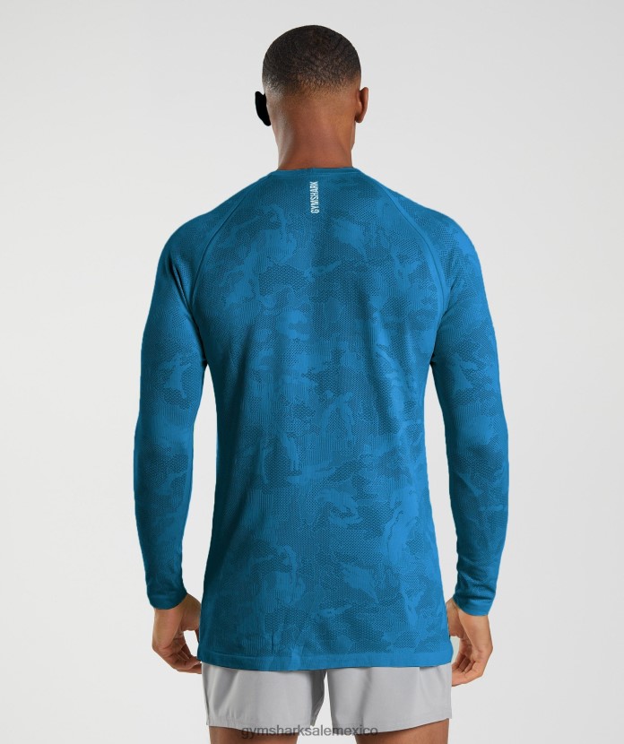 Gymshark camiseta de manga larga sin costuras con diseño geométrico azul atlántico/azul tiburón hombres 04BZTL597 - Gymshark Mexico