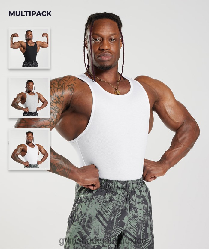 Gymshark tanque acanalado 3 unidades blanco/negro/gris piedra jaspeado hombres 04BZTL908 - Gymshark Sale