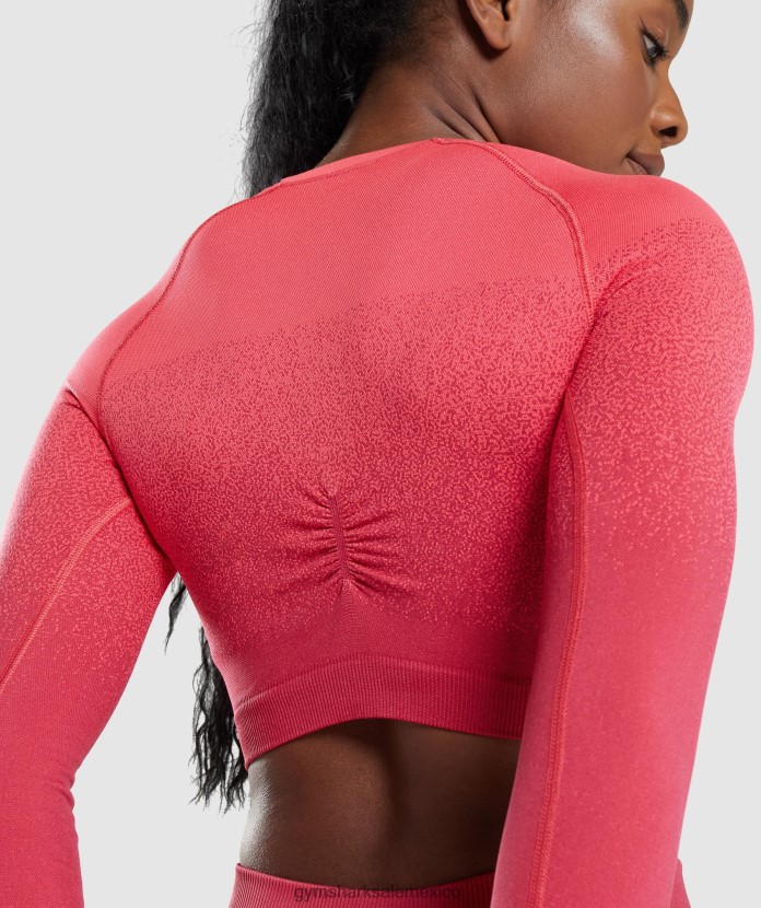 Gymshark Adapt top corto de manga larga sin costuras con degradado rosa/rojo mujer 04BZTL488 - Gymshark Sale