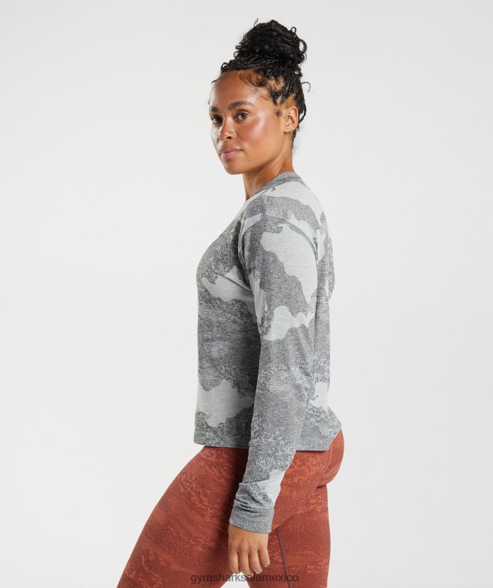 Gymshark adapt camo top de manga larga sin costuras gris claro/negro mujer 04BZTL465 - Gymshark Mujer